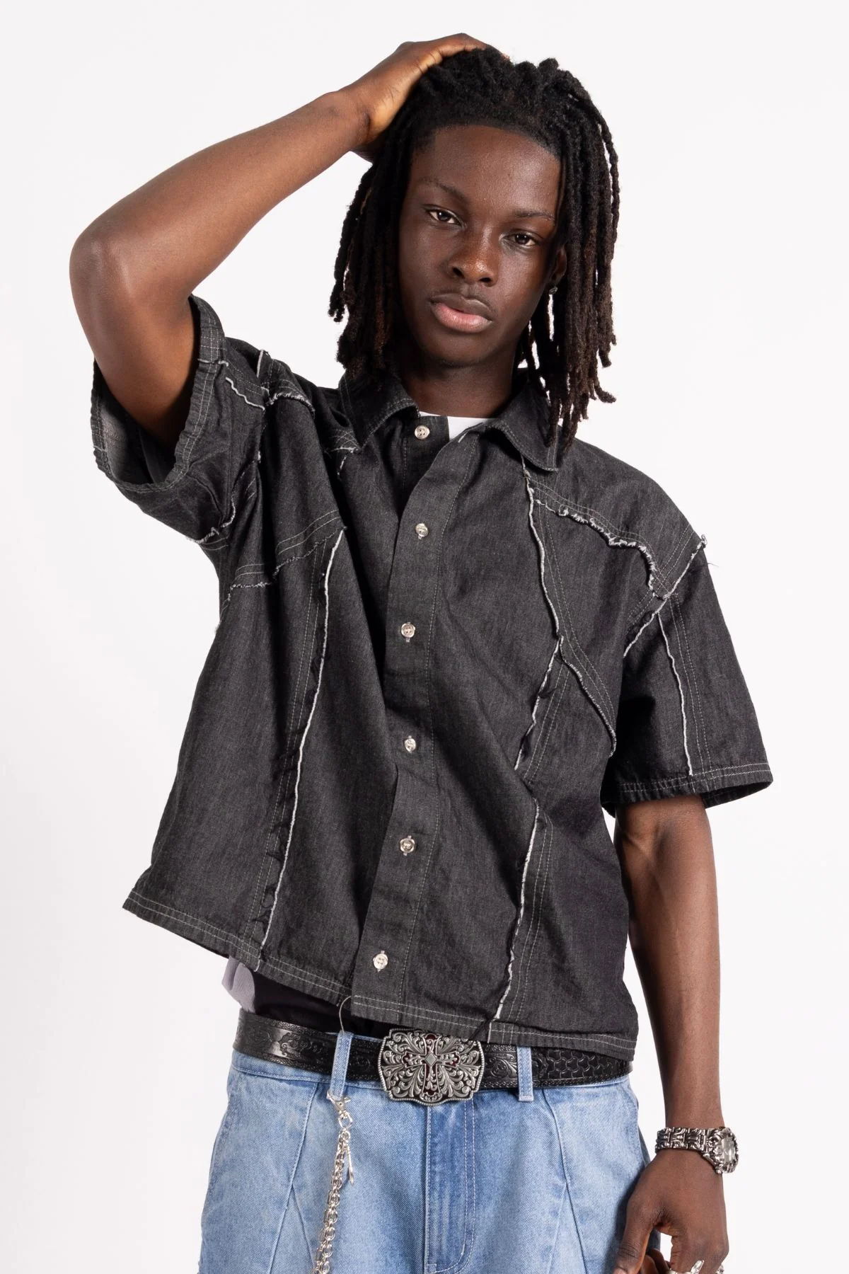 Distressed Collared Shirt Black